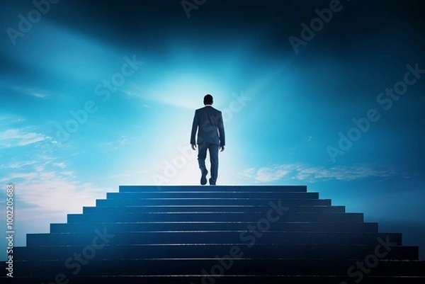 Fototapeta A person in a suit ascends a staircase toward a bright light against a stunning twilight backdrop