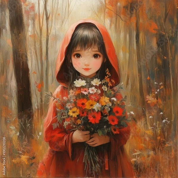 Fototapeta A girl in a red hooded cloak holding a vibrant bouquet of flowers in a mystical autumn forest, capturing warmth and charm.