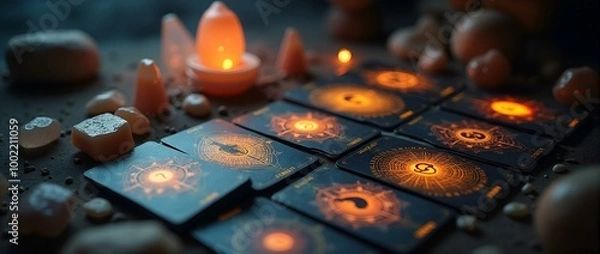Fototapeta An elegant tarot reading setup with glowing cards, candles, and crystals on a dark textured surface creates a sophisticated and mystical ambiance ideal for divination and intuitive insights