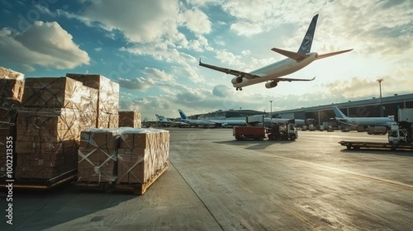 Fototapeta A time-lapse of goods being loaded onto different modes of transportation, ready for worldwide shipping.