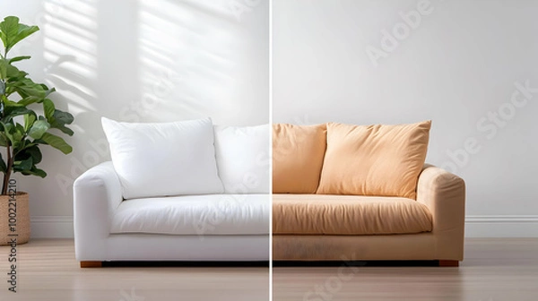 Fototapeta Stylish living room with two sofas in different colors, showcasing modern design and comfortable aesthetics.