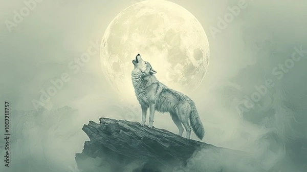 Fototapeta   A wolf on a rock in front of a full moon with clouds in the foreground and the moon behind