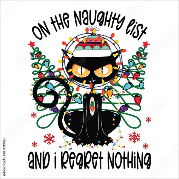 Fototapeta Permanently on the naughty list Svg Png File, Funny Cute Trendy Retro Vintage Christmas Cat Mom Shirt, Tote bag PNG SVG Sublimation Designs