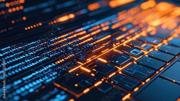 Fototapeta A close-up of a keyboard with glowing keys, surrounded by vibrant blue and orange data streams, representing technology and digital innovation.