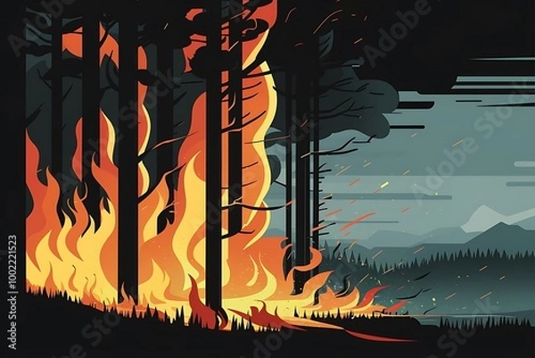 Fototapeta illustration of a forest fire burning trees at night. The scene is dramatic, with tall, dark trees engulfed in bright orange and yellow flames that contrast against the dark surroundings