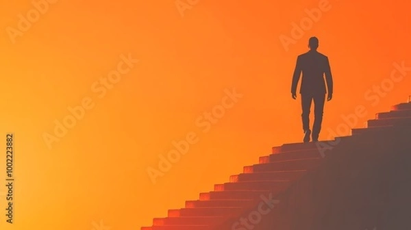 Fototapeta A man walking up the stairs, symbolizing progress and success in business or professional life