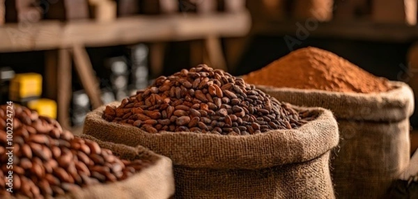 Fototapeta Rustic display of cacao beans and chocolate bars, showcasing the natural ingredients and earthy textures behind the art of chocolate production