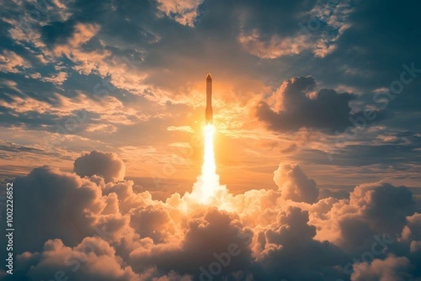 Obraz A rocket ascending through the clouds with sunlight illuminating its path.