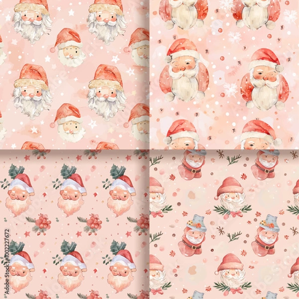 Fototapeta Watercolor Santa Claus Seamless Pattern   Pink Background Christmas Design