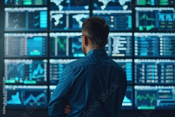 Fototapeta Back view of a man in a blue shirt reviewing real-time financial data and market trends displayed on multiple large screens in a control room.