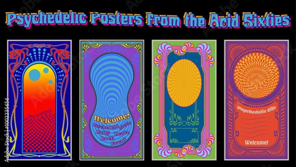 Obraz Psychedelic Poster  from the Acid Sixties. 1960s Hippie Music Style Colorful Placards, Vector Templates for Musical Posters, Covers, Invitations