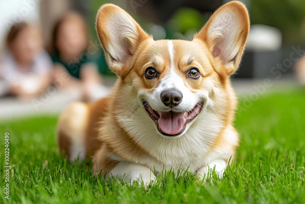 Fototapeta Adorable Corgi Having the Time of Its Life Playing with Kids in the Grass