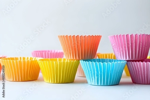 Fototapeta Multicolored empty paper baking cups on a white backdrop with copyspace