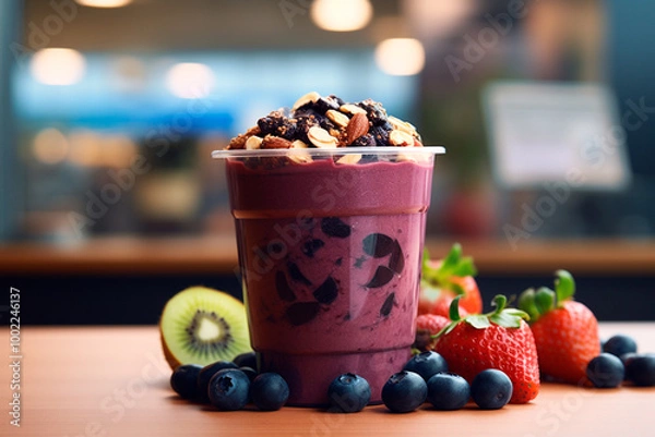 Fototapeta Close up of purple açaí in a cup with chopped fruits and strawberries on the side