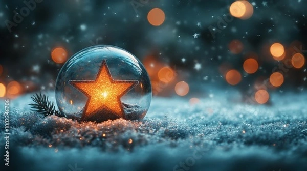 Fototapeta A snow globe featuring a golden star surrounded by snow and pine in a festive winter setting