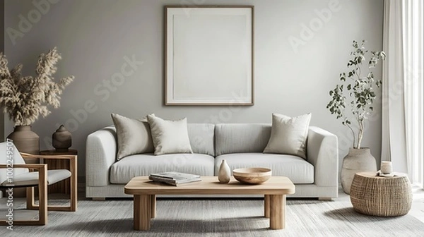 Fototapeta A modern Scandinavian sofa in soft gray, accented with light wood furniture and neutral decor for a calm, serene space.