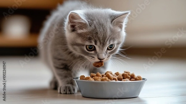Fototapeta A grey kitten eating from a bowl. This photo shows a kitten enjoying its meal, perfect for pet food brands or articles about cat nutrition.