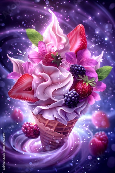 Fototapeta A colorful ice cream cone with strawberries and raspberries on top. The ice cream is pink and white, and the strawberries and raspberries are purple. The image has a whimsical and playful mood