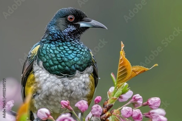 Fototapeta A beautiful New Zealand tui bird on a flowering cherry with a natural background.