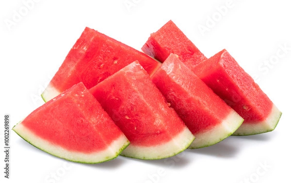 Fototapeta Watermelon triangle slices without seeds isolated on white background. Clipping path.