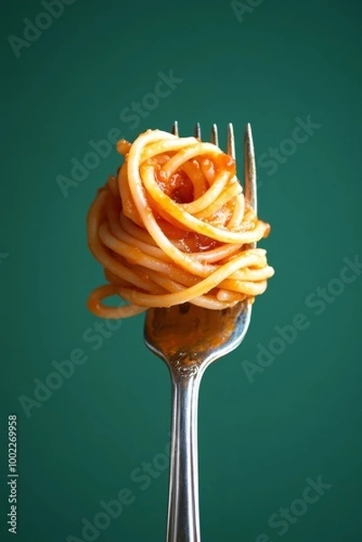 Fototapeta A fork with a twirl of spaghetti against a green background. Perfect for food blogs, recipe websites, and culinary magazines.