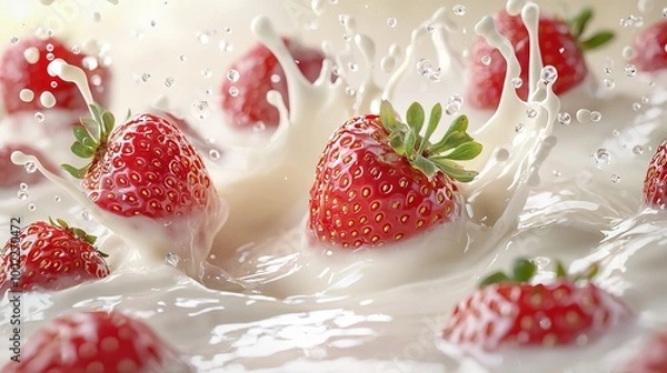 Fototapeta   A close-up of strawberries splashing into a milkshake with milk splashing on the top and bottom, optimized to 28 tokens