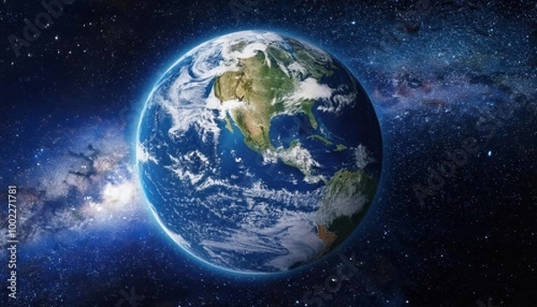Fototapeta Realistic Earth Planet, rotating on its axis in space against the background of the Milky Way star sky. Astronomy and science concept. Continents and oceans. 