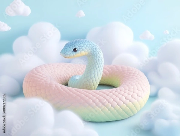Obraz A vibrant pastel-colored snake gracefully coiled in soft pink clouds, creating a surreal and dreamlike fantasy setting.