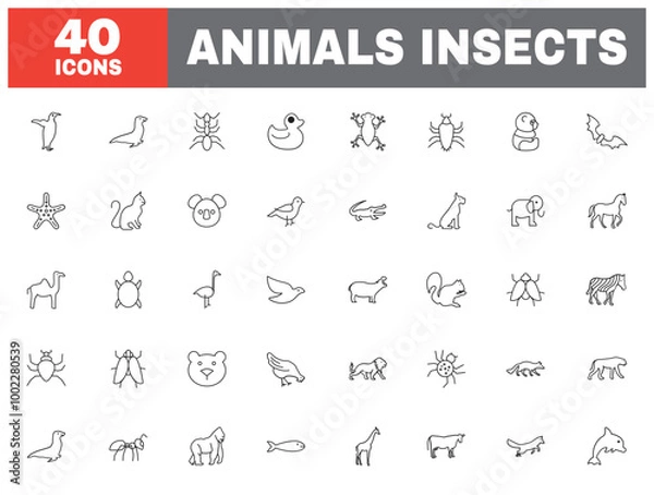 Fototapeta Set of 40 line icons animals insects. Outline icon collection. Editable stroke. Vector illustration.