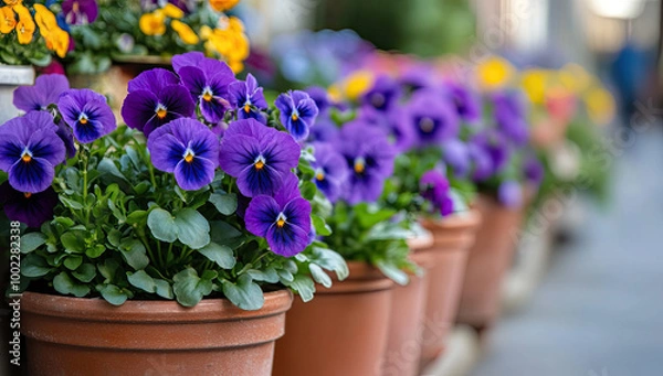 Obraz A row of pots with purple pansies in an outdoor flower market, with the focus on one pot and a blurred background. Created with Ai
