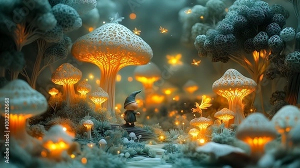 Fototapeta A curious gnome exploring a forest filled with glowing mushrooms, surrounded by magical creatures like fairies and fireflies, paper-cut trees with intricate details, soft light illuminating the scene,