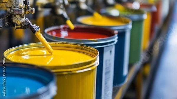 Fototapeta Close-up of colorful paint cans in a row at a manufacturing plant, showcasing vibrant industrial paint production and creativity.