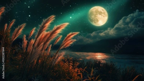 Fototapeta Full moon and Japanese pampas grass in midnight,The harvest Miscanthus sinensis and full moon,beautiful night sky in the countryside with the perfect moon exudes beauty in the dark.