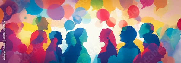 Fototapeta People in vibrant colors and overlapping speech bubbles, symbolizing communication and social interaction. The scene is rendered with a wate