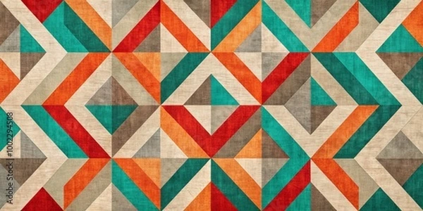 Obraz Geometric Wooden Pattern Teal, Red, Orange, and Gray Triangles on a Textured Background