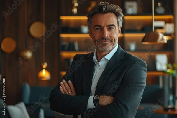 Fototapeta Portrait of a Confident Man in a Suit, Standing with Crossed Arms in a Modern Office Space