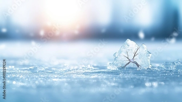 Fototapeta Cracked Ice Surface with Sunlight Reflection