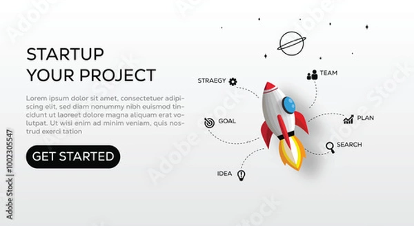 Fototapeta Rocket Launching to Space with Black and White Infographic, Business Starp up Concept