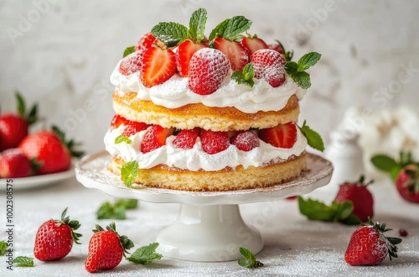 Fototapeta Whimsical Strawberry Shortcake with Layers of Fresh Strawberries and Whipped Cream