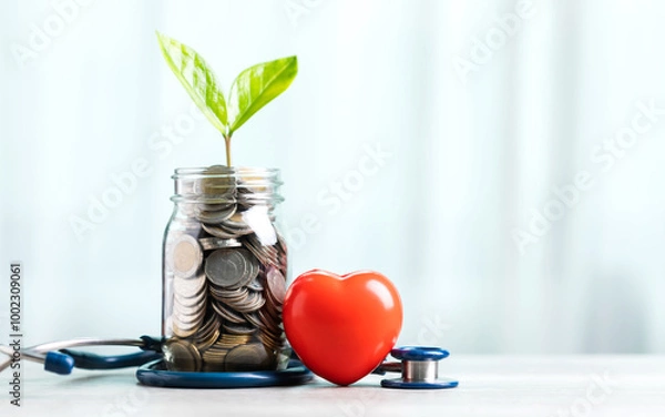 Obraz Savings concept for future healthcare. A jar filled with coins and a small plant in the center, accompanied by a heart and a stethoscope, symbolizing saving money for good health in the future