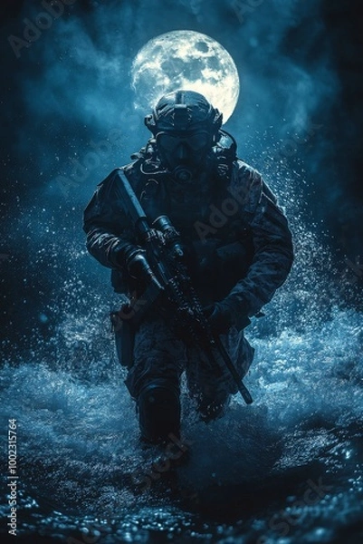 Fototapeta A Soldier Wades Through Water Under a Full Moon at Night While Holding a Rifle Ready for Action