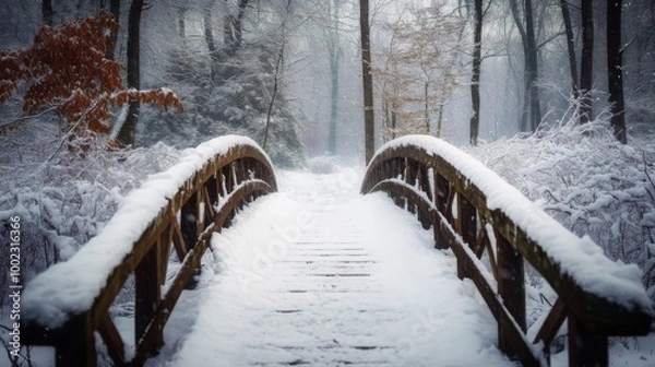 Fototapeta A Snow-Covered Wooden Bridge Through a Snowy Forest