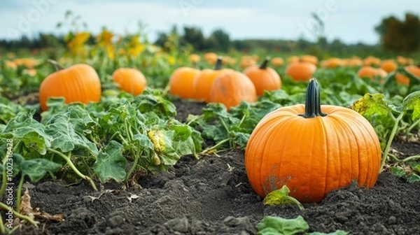 Fototapeta A spacious field filled with pumpkins as vivid orange fruits grow amidst lush green vines. This scene captures the essence of a pumpkin patch in its natural habitat.