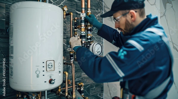 Fototapeta Plumber with blue uniform dress and cap working on a white hot water tank in a home.