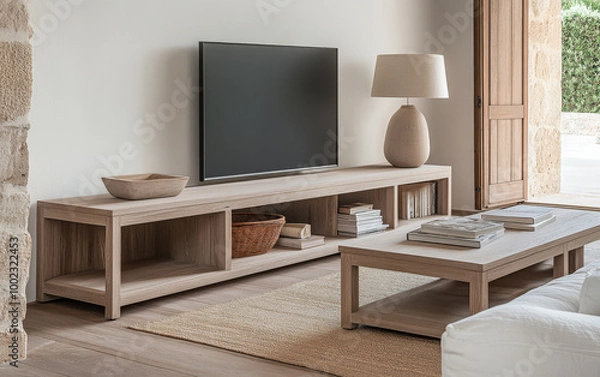 Obraz Modern living room interior featuring minimalist wooden furniture and a stylish lamp in a serene, well-lit space