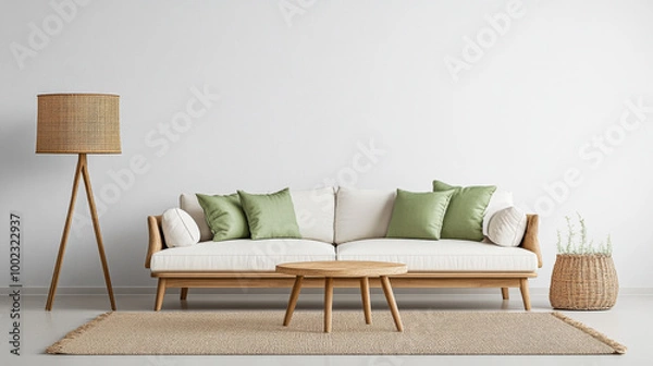 Fototapeta Modern living room featuring a stylish sofa, minimalist decor, and natural elements in a bright, airy space