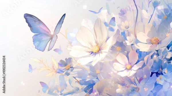 Fototapeta exuding a small and fresh aesthetic with glassy texture details, mid-air flight, accompanied by additional floating butterflies and scattered petals, perfect for high-definition mobile phone wallpaper