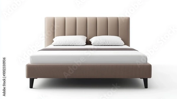 Fototapeta Modern Upholstered Bed With Plush Headboard and Crisp White Bedding in a Minimalist Setting