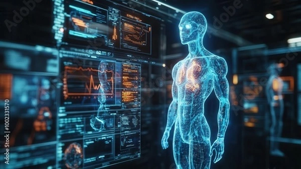 Fototapeta Telemedicine appointment with holographic doctor avatars and virtual health diagnostics  Futuristic  Hologram  3D Render