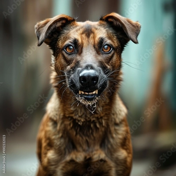 Fototapeta profile of an angry dog, scraping and drooling, ready to pounce at any minute